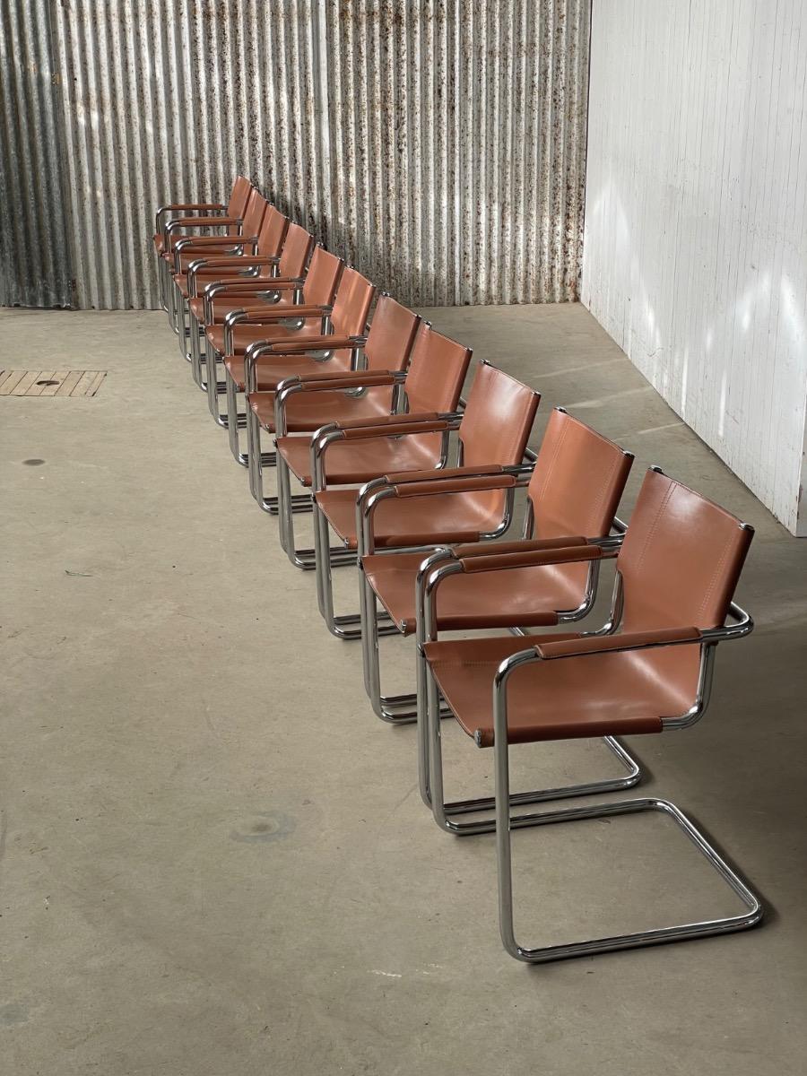 11x Matteo Grassi Visitor dining chairs by Mart Stam brown/liver leather, Italy 1970s