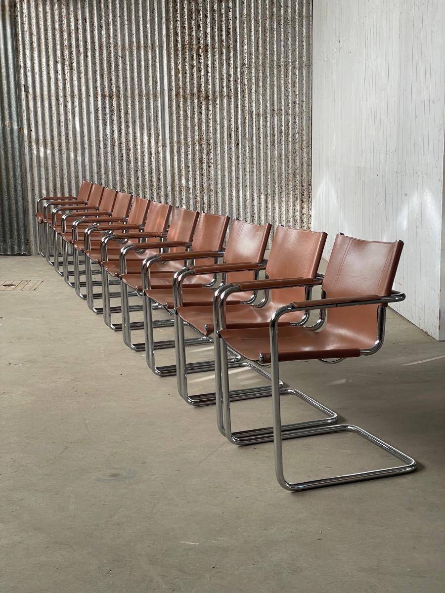 11x Matteo Grassi Visitor dining chairs by Mart Stam brown/liver leather, Italy 1970s