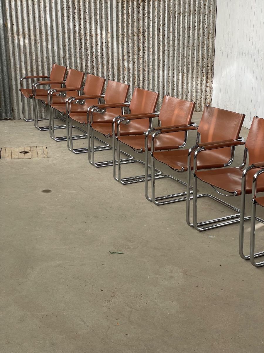 11x Matteo Grassi Visitor dining chairs by Mart Stam brown/liver leather, Italy 1970s