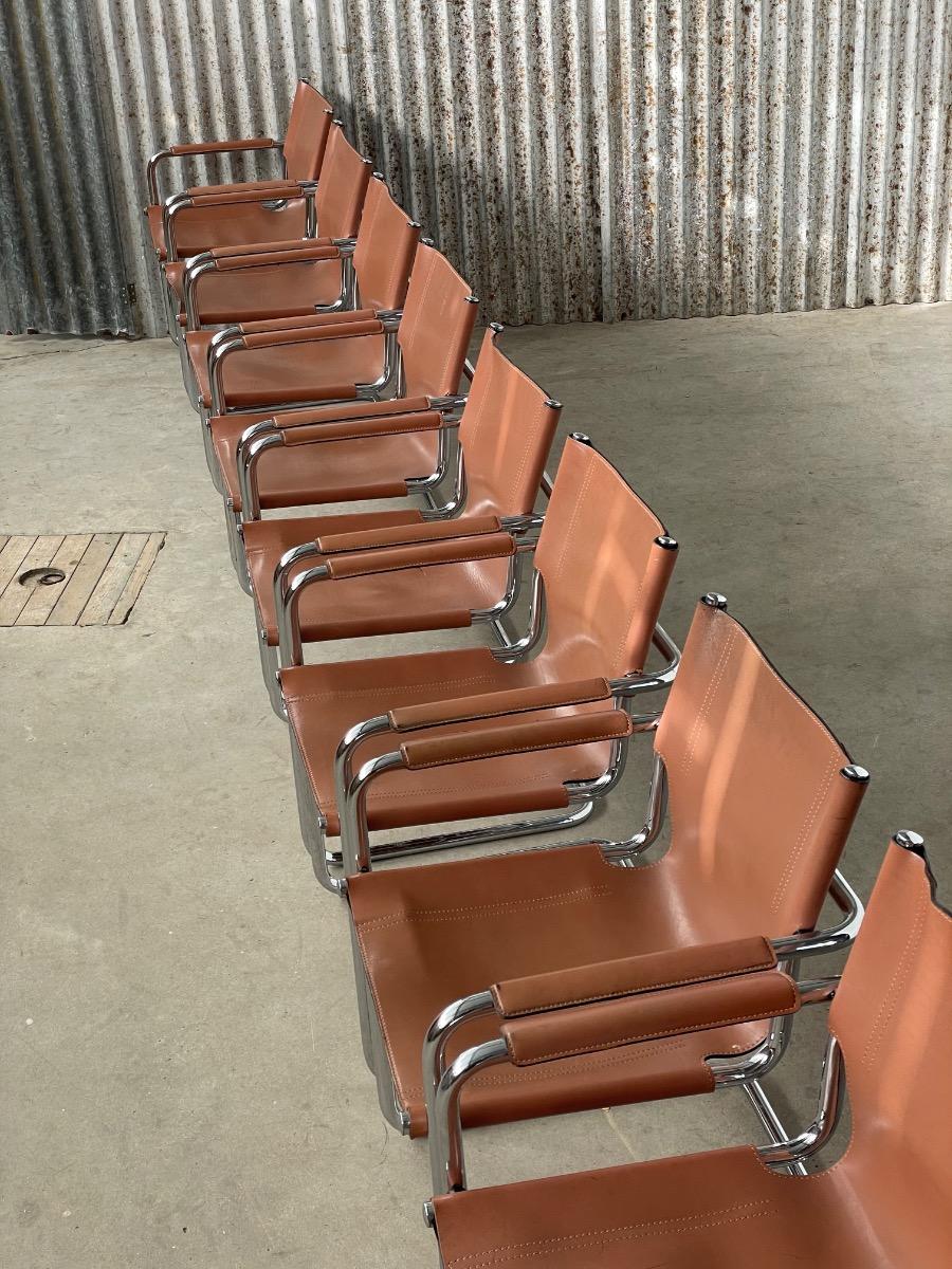 11x Matteo Grassi Visitor dining chairs by Mart Stam brown/liver leather, Italy 1970s