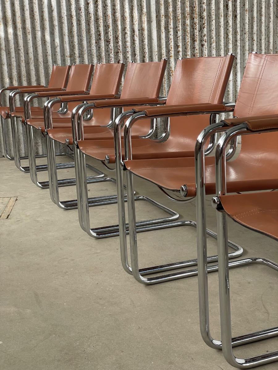 11x Matteo Grassi Visitor dining chairs by Mart Stam brown/liver leather, Italy 1970s