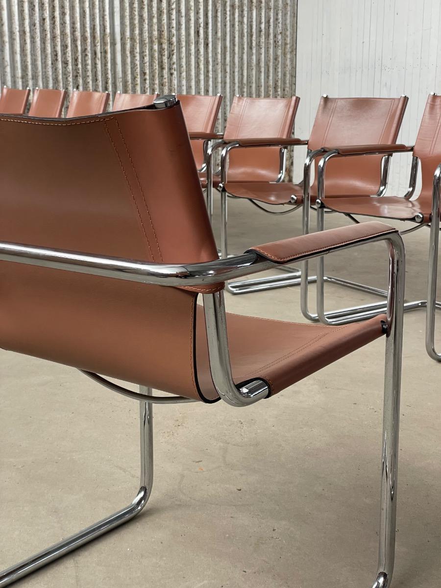 11x Matteo Grassi Visitor dining chairs by Mart Stam brown/liver leather, Italy 1970s