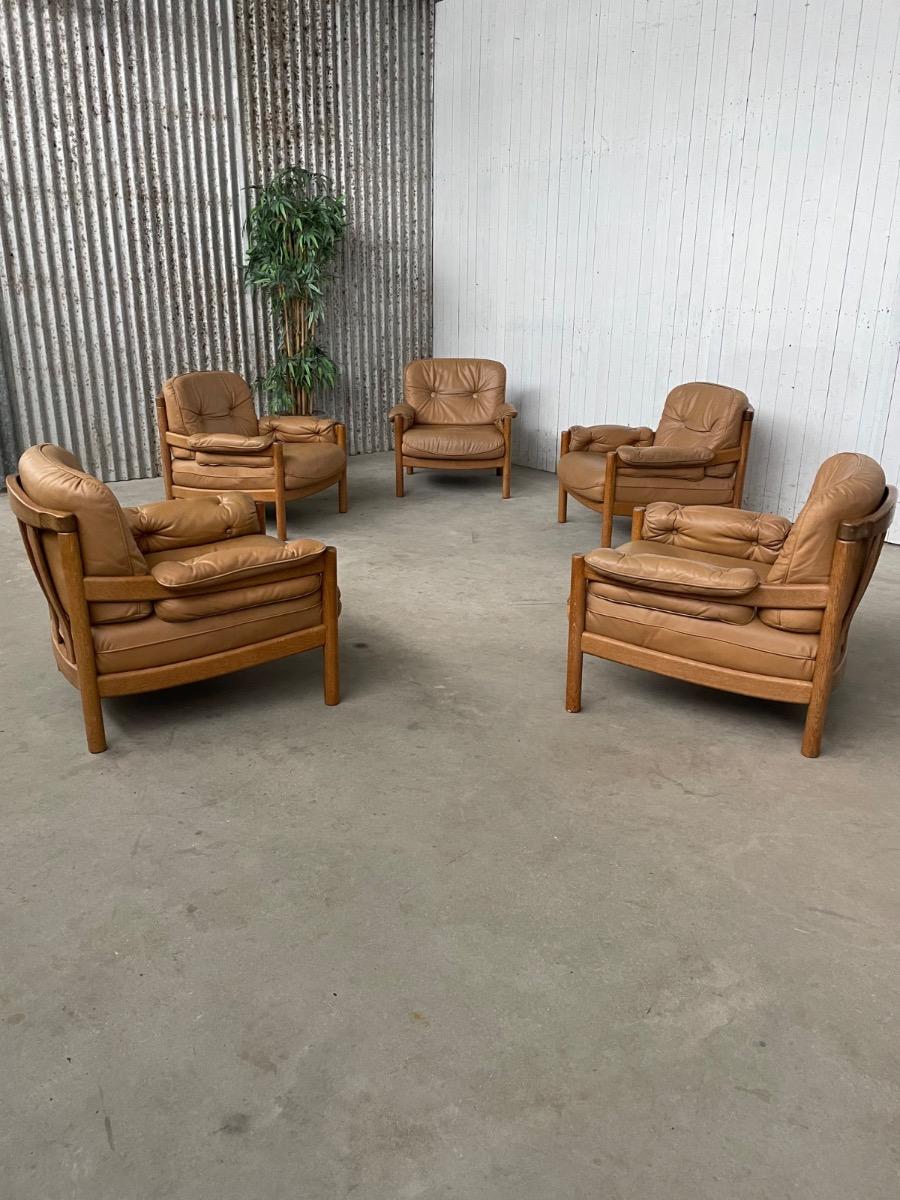 Vintage Scandinavian lounge chairs, 1960 oak/cognac leather