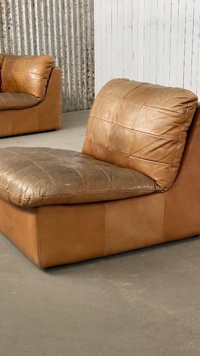 2x Patchwork leather modular chairs in brown, Netherlands 1970s