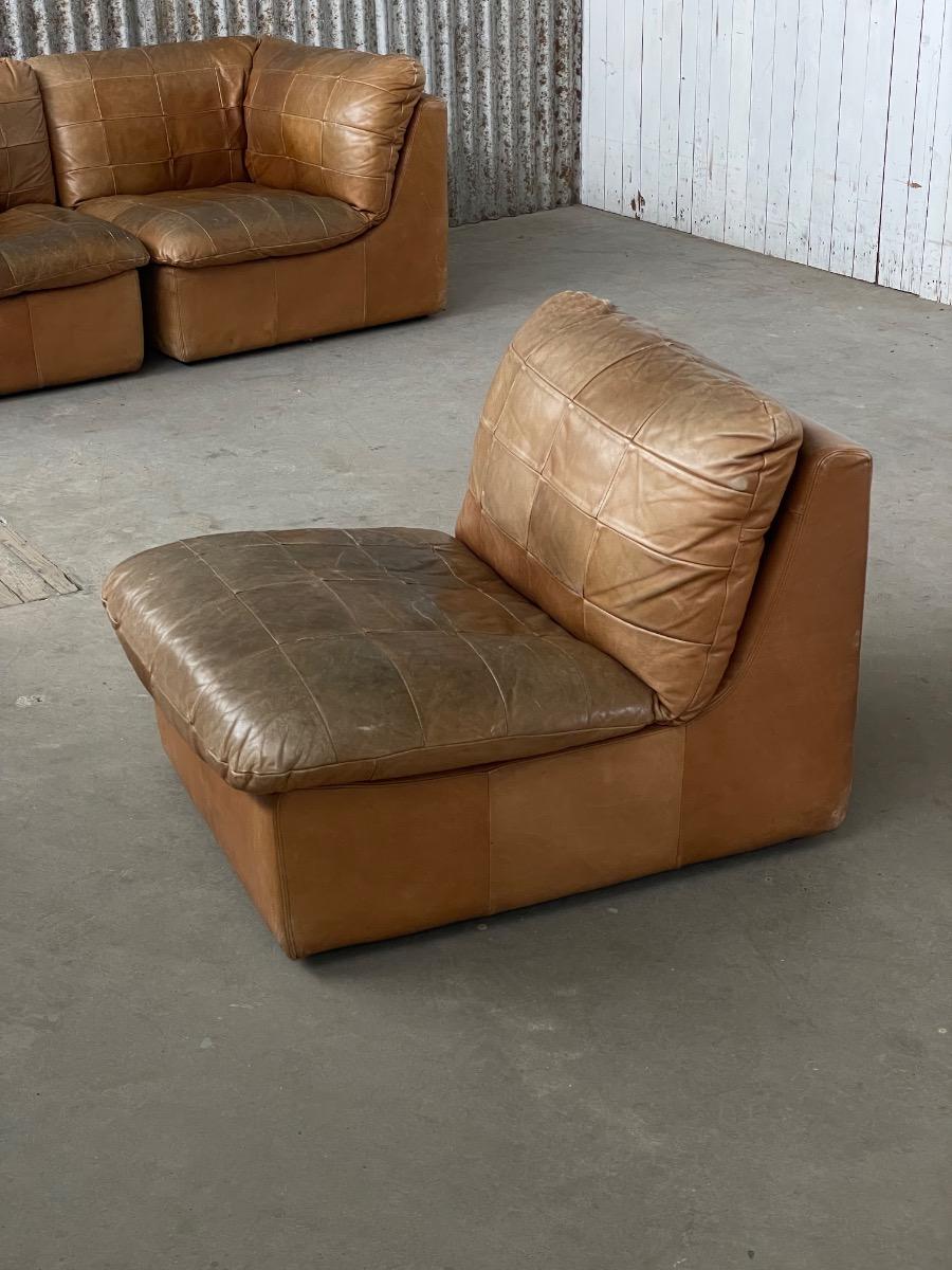 2x Patchwork leather modular chairs in brown, Netherlands 1970s