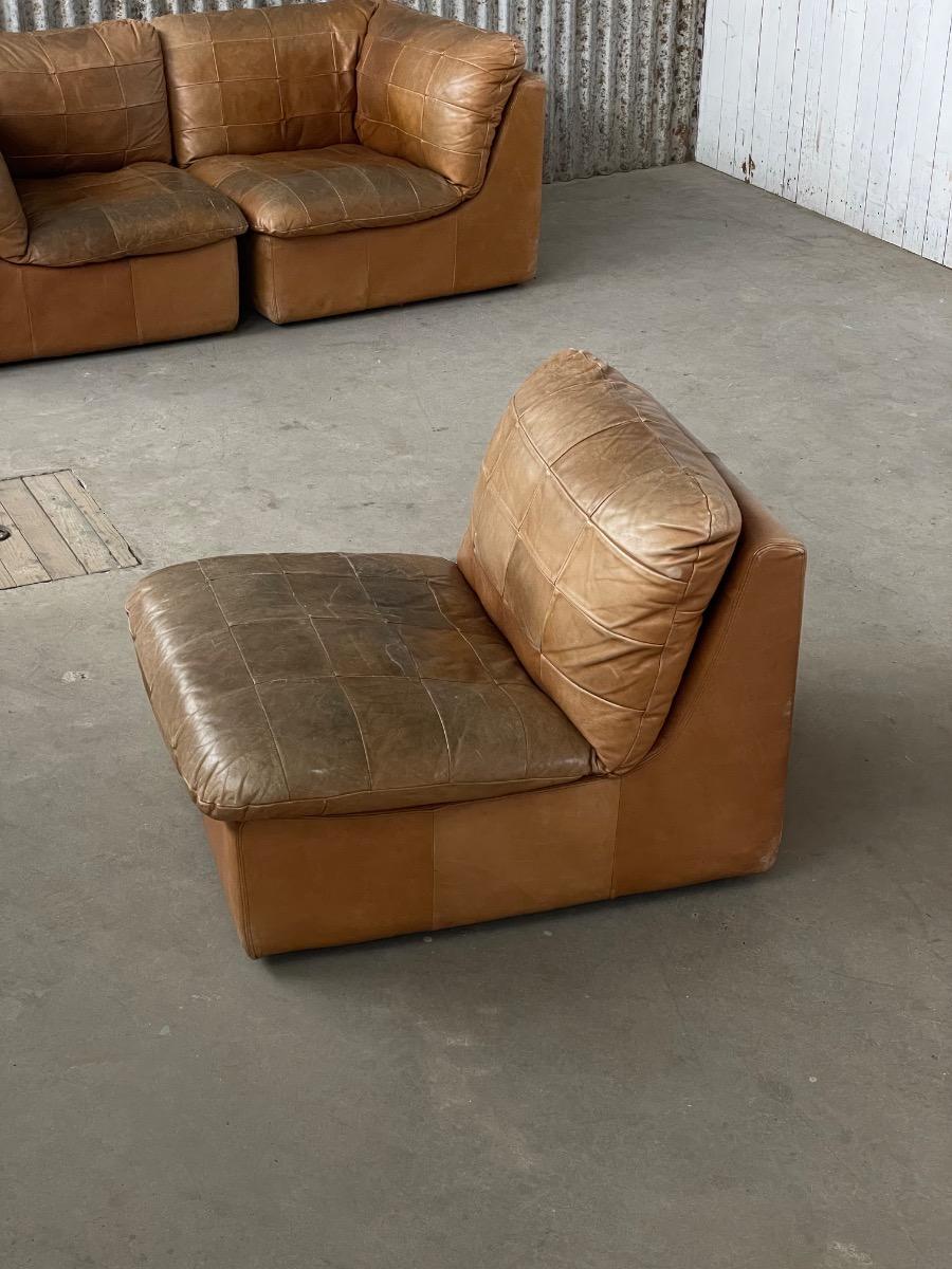 2x Patchwork leather modular chairs in brown, Netherlands 1970s