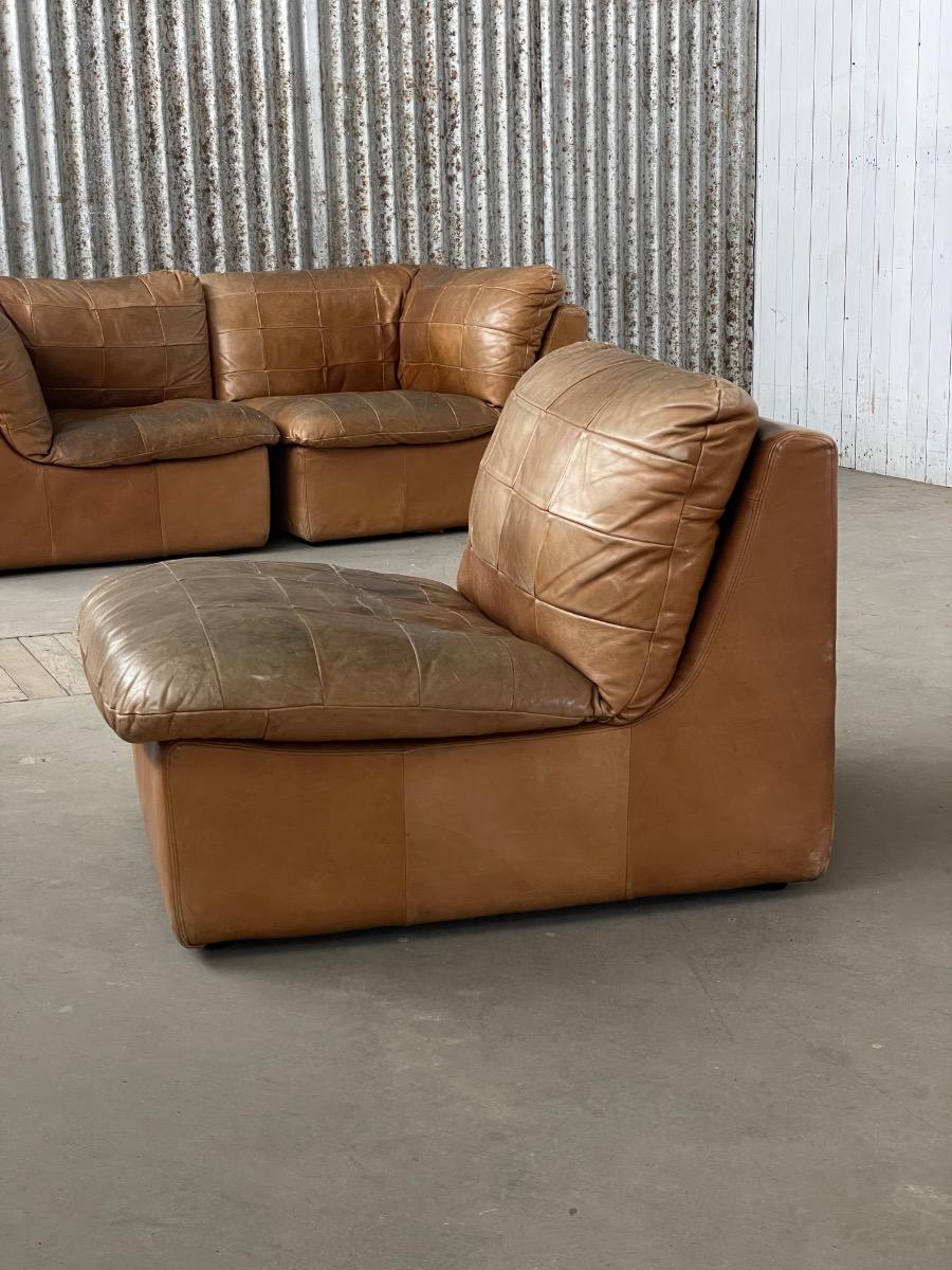 2x Patchwork leather modular chairs in brown, Netherlands 1970s