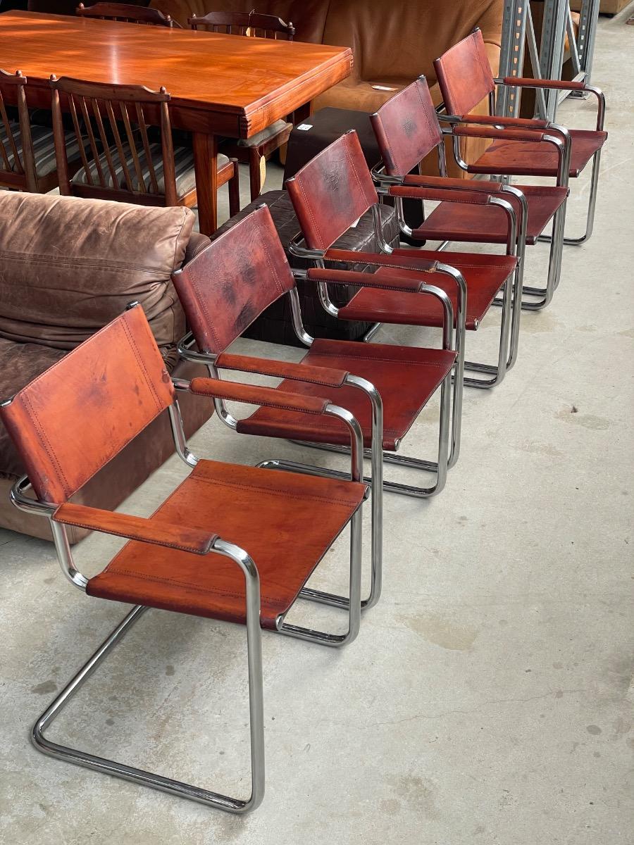 5x Matteo Grassi dining chairs in brown cognac leather 1970s