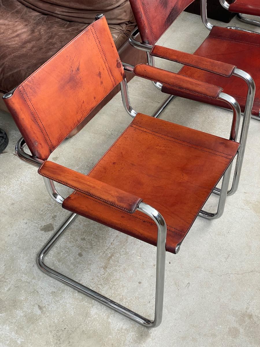 5x Matteo Grassi dining chairs in brown cognac leather 1970s
