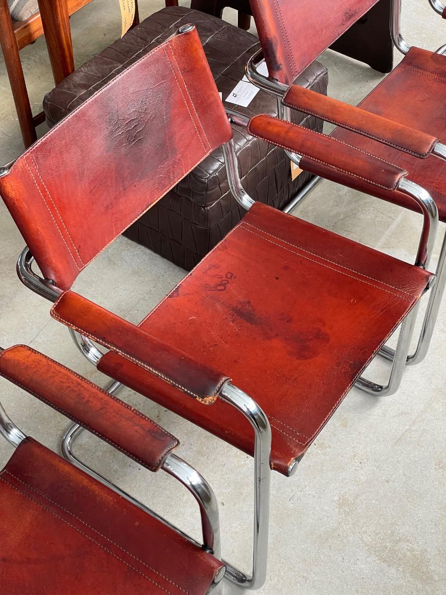 5x Matteo Grassi dining chairs in brown cognac leather 1970s