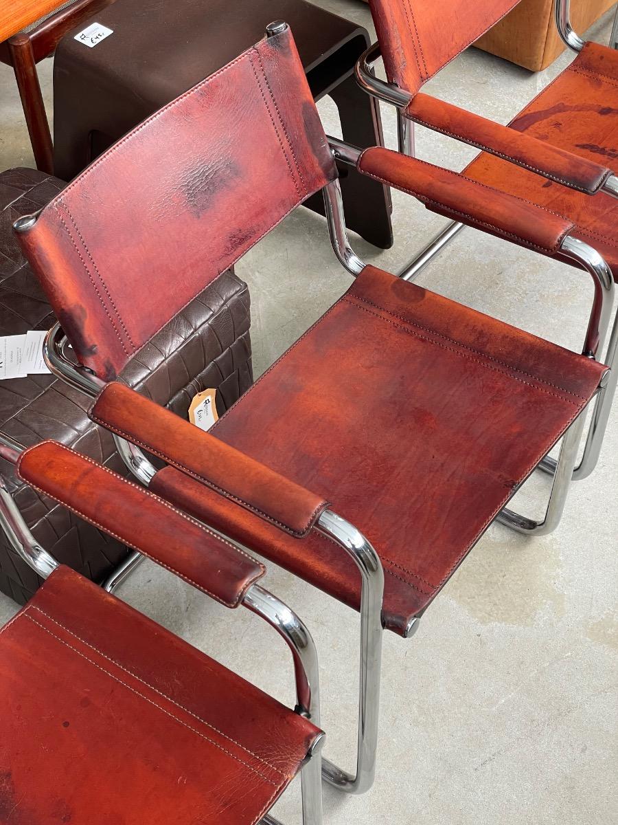 5x Matteo Grassi dining chairs in brown cognac leather 1970s