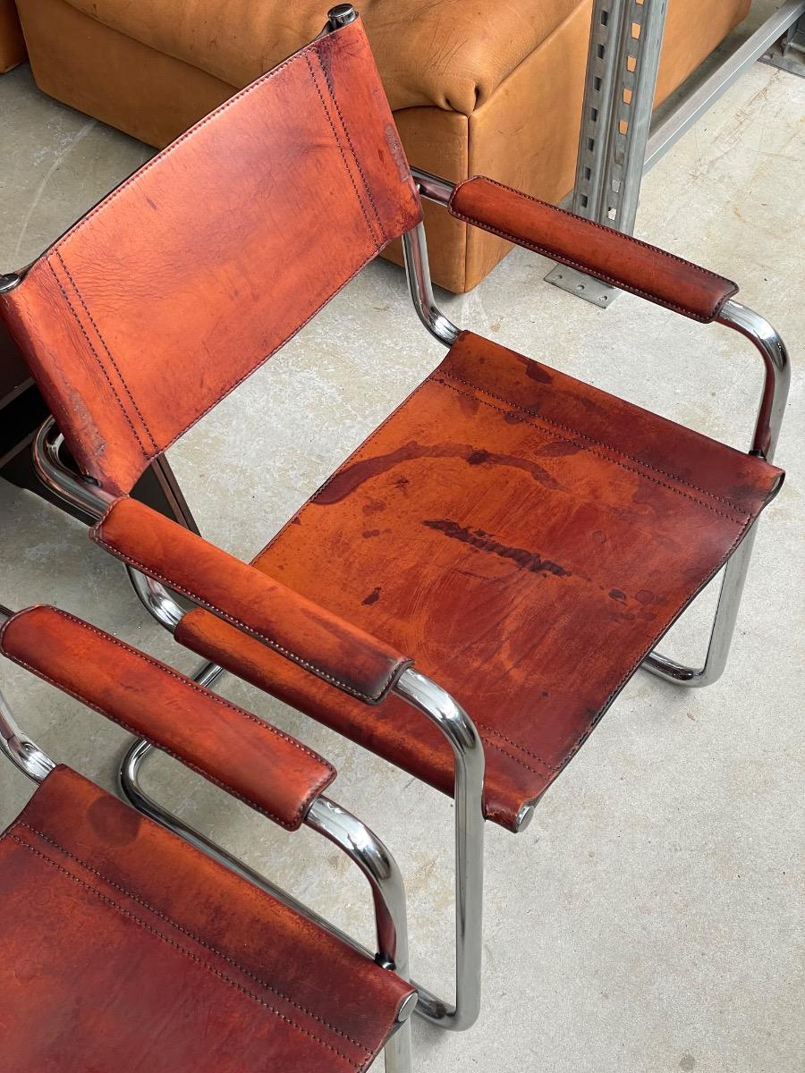 5x Matteo Grassi dining chairs in brown cognac leather 1970s