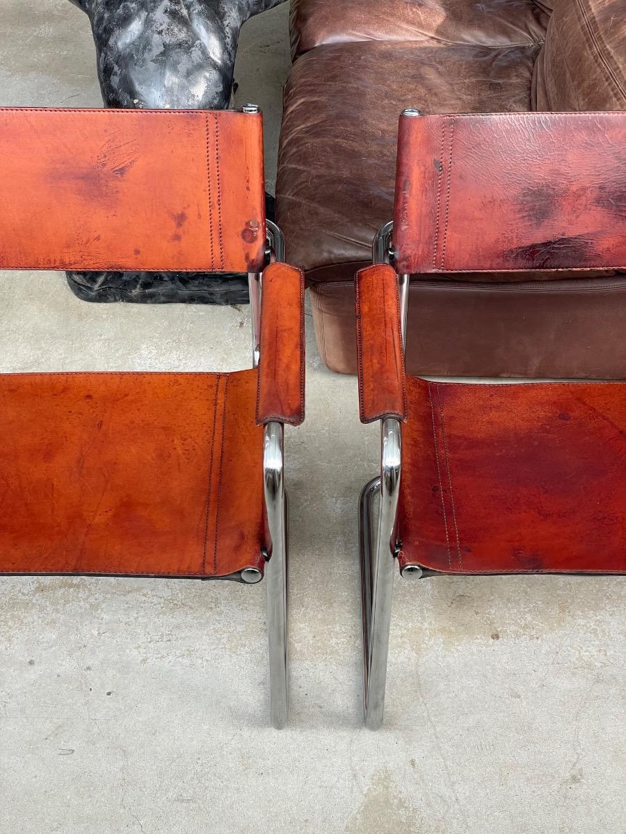 5x Matteo Grassi dining chairs in brown cognac leather 1970s