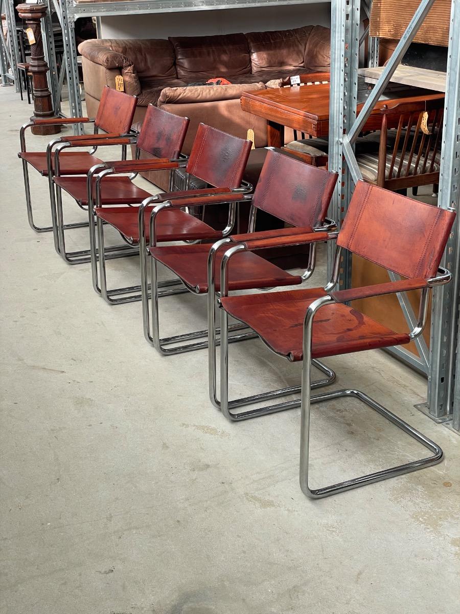 5x Matteo Grassi dining chairs in brown cognac leather 1970s