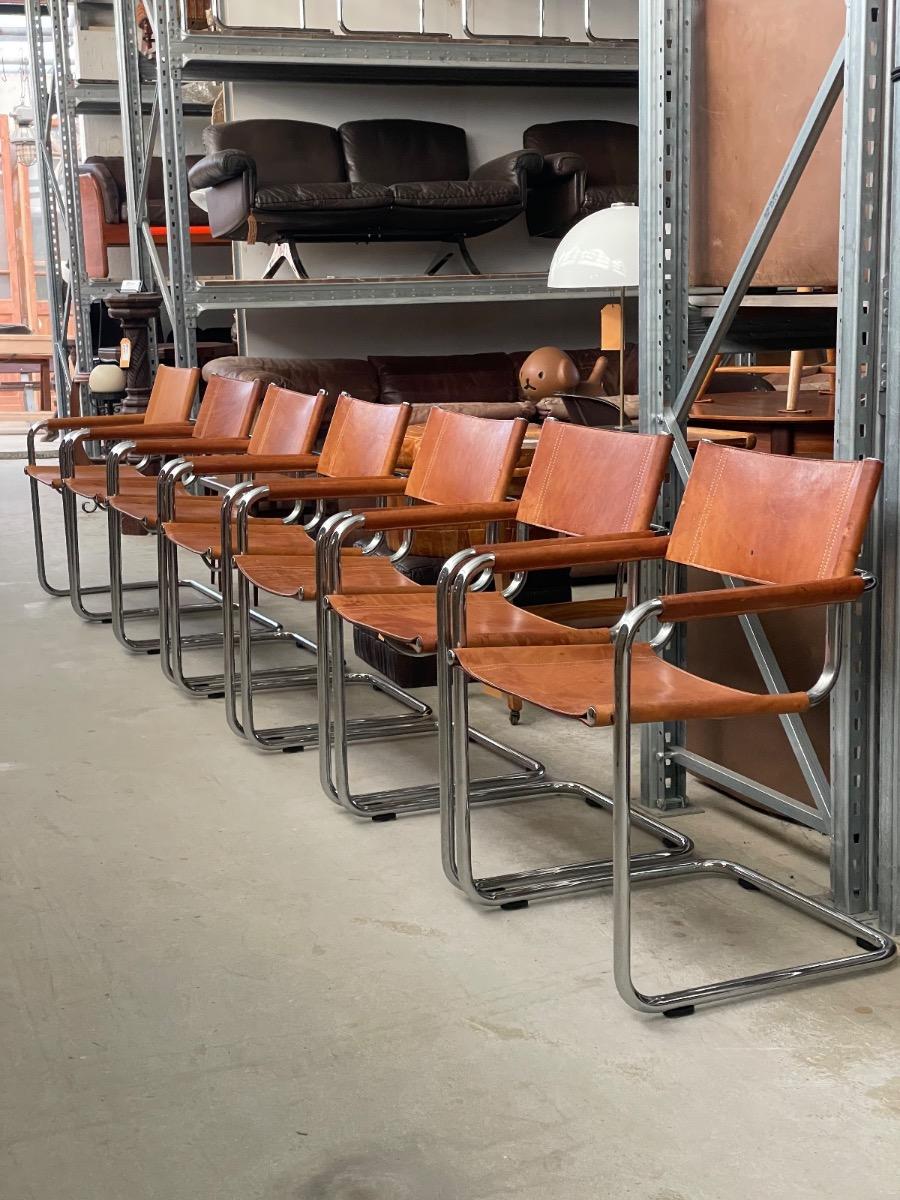 7x Mart Stam S34 dining chairs in cognac brown leather 1970s