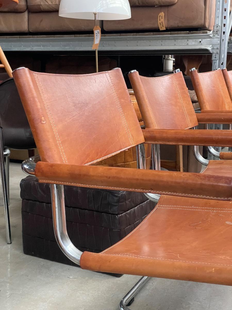 7x Mart Stam S34 dining chairs in cognac brown leather 1970s