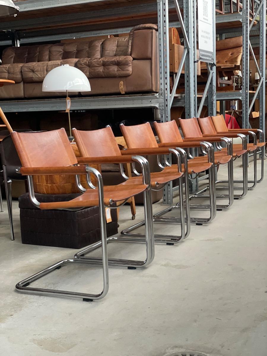 7x Mart Stam S34 dining chairs in cognac brown leather 1970s