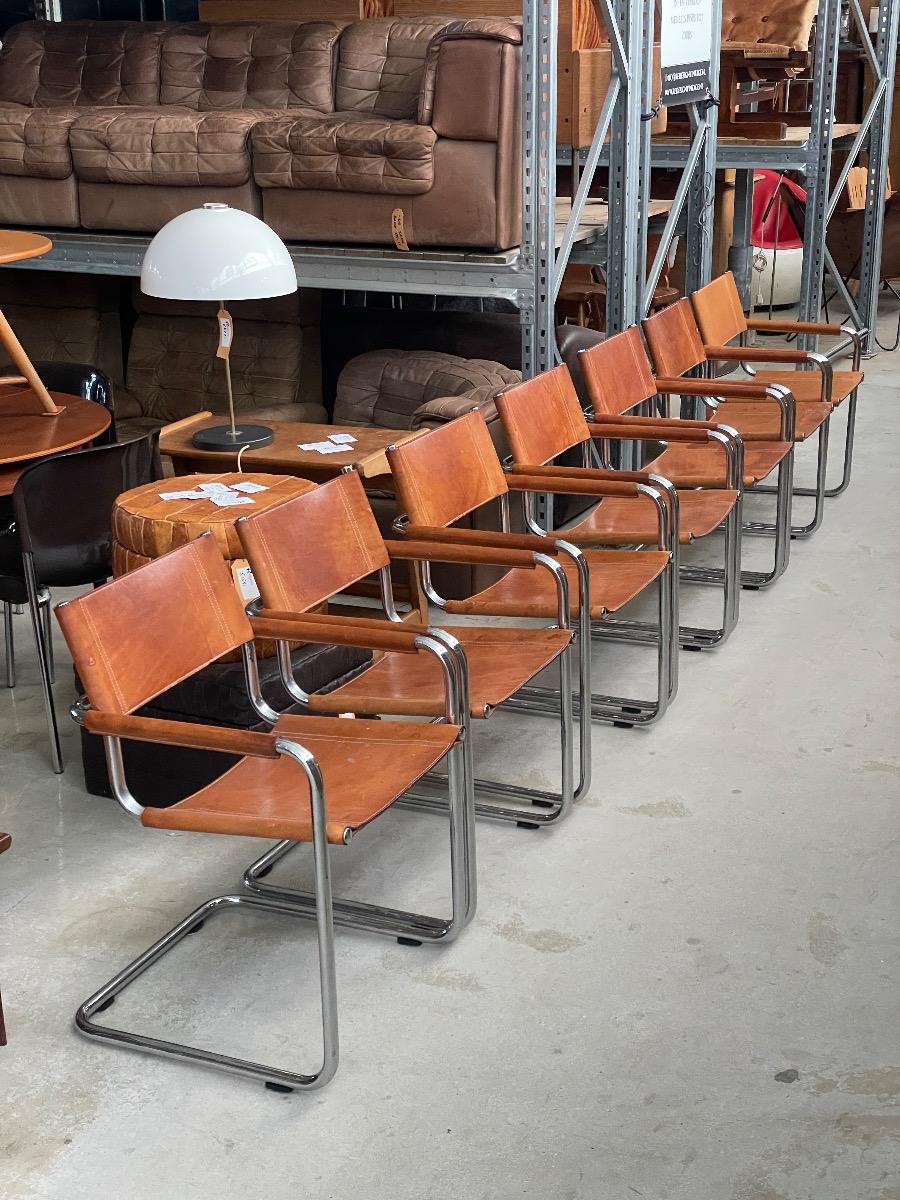 7x Mart Stam S34 dining chairs in cognac brown leather 1970s