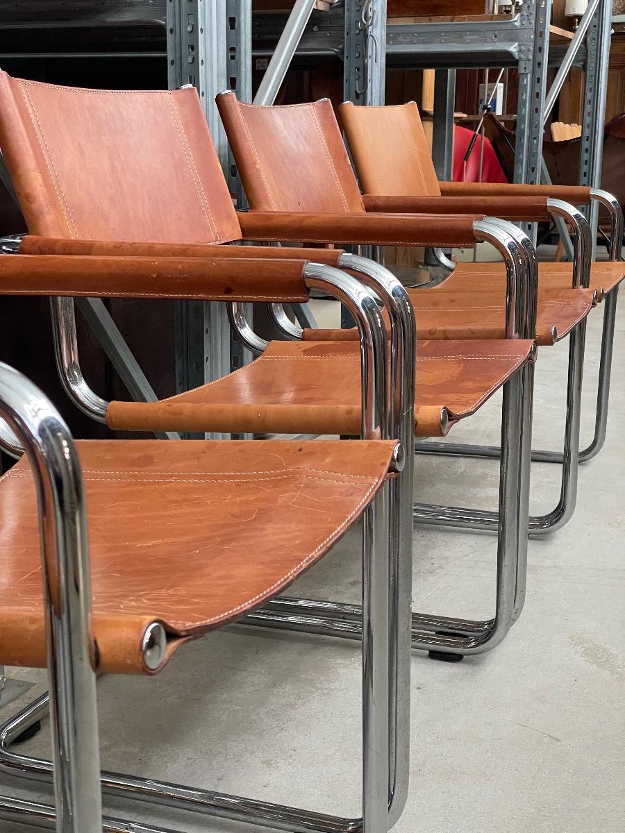 7x Mart Stam S34 dining chairs in cognac brown leather 1970s