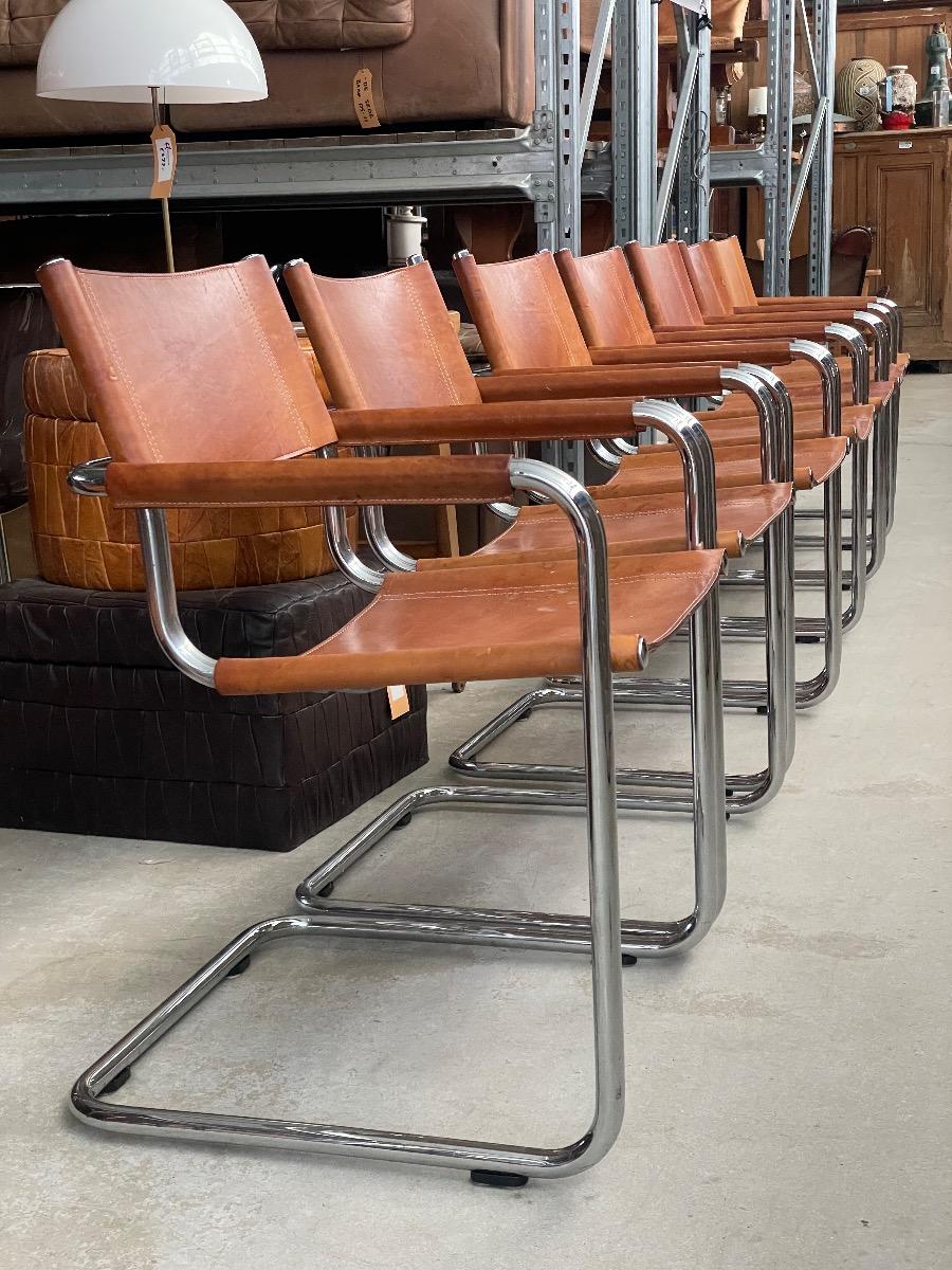 7x Mart Stam S34 dining chairs in cognac brown leather 1970s