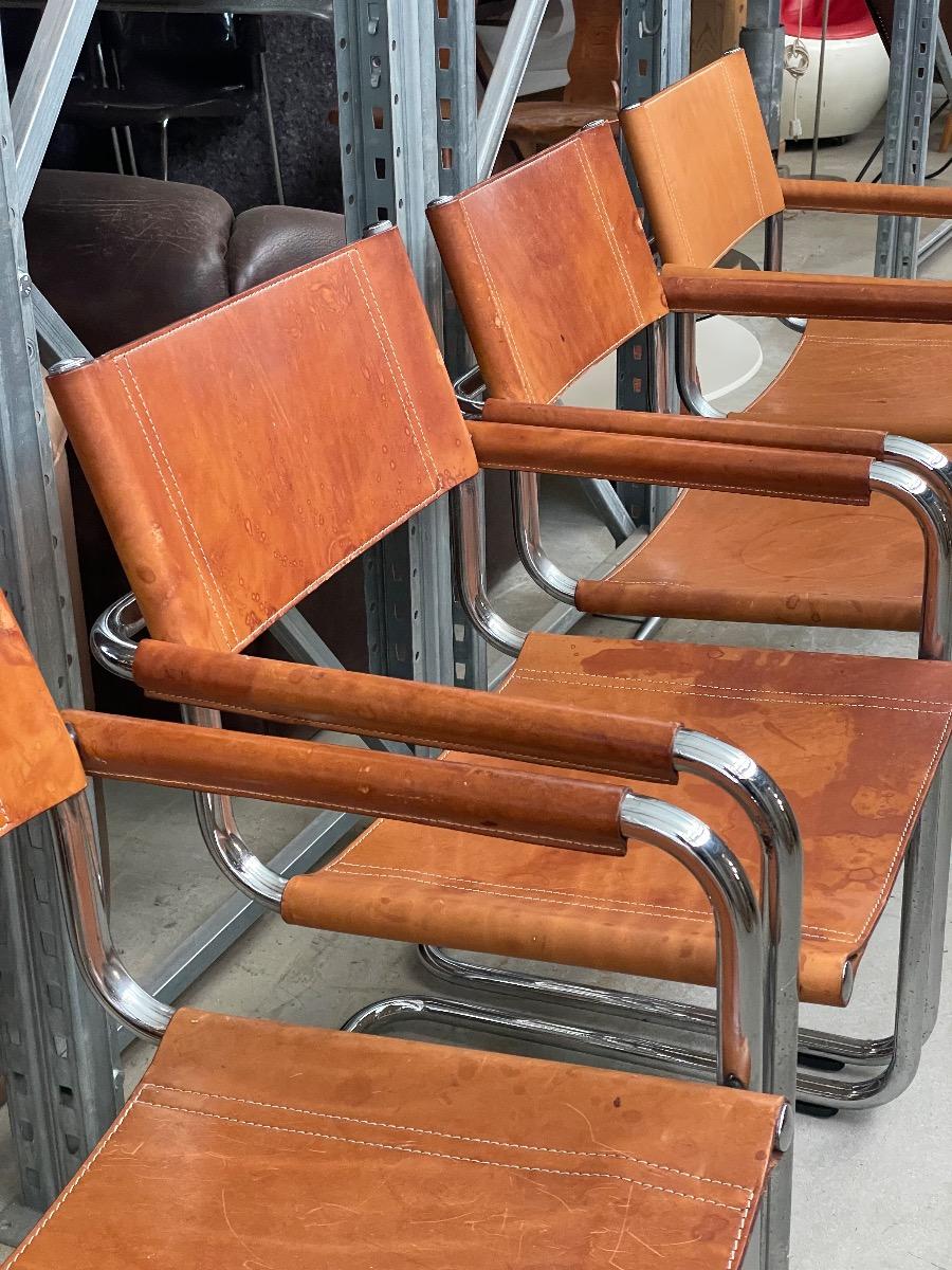 7x Mart Stam S34 dining chairs in cognac brown leather 1970s