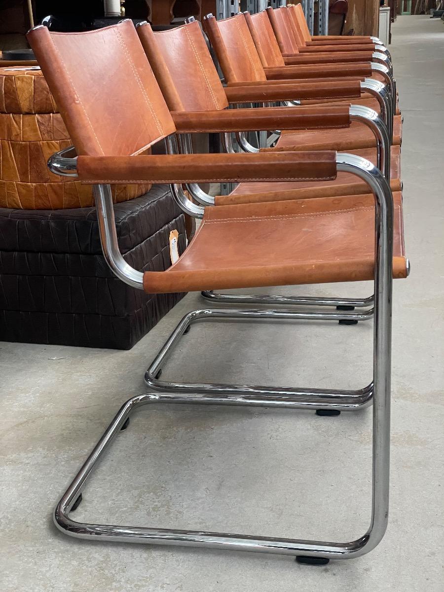 7x Mart Stam S34 dining chairs in cognac brown leather 1970s