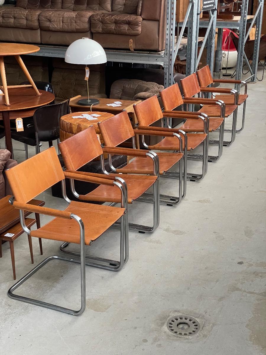 7x Mart Stam S34 dining chairs in cognac brown leather 1970s