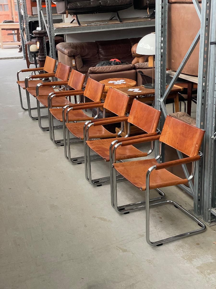 7x Mart Stam S34 dining chairs in cognac brown leather 1970s