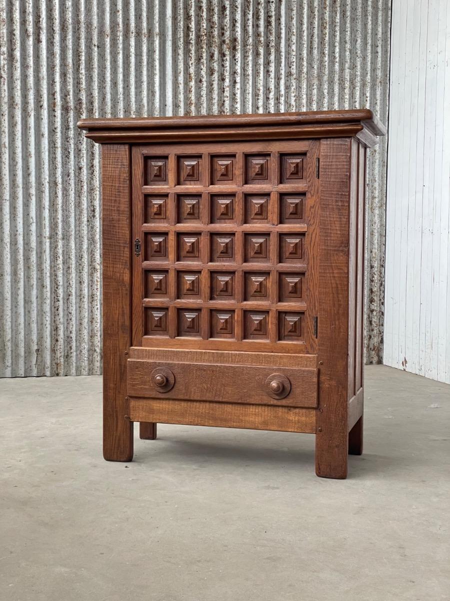 Brutalist French Carved Oak Cabinet, 1960s