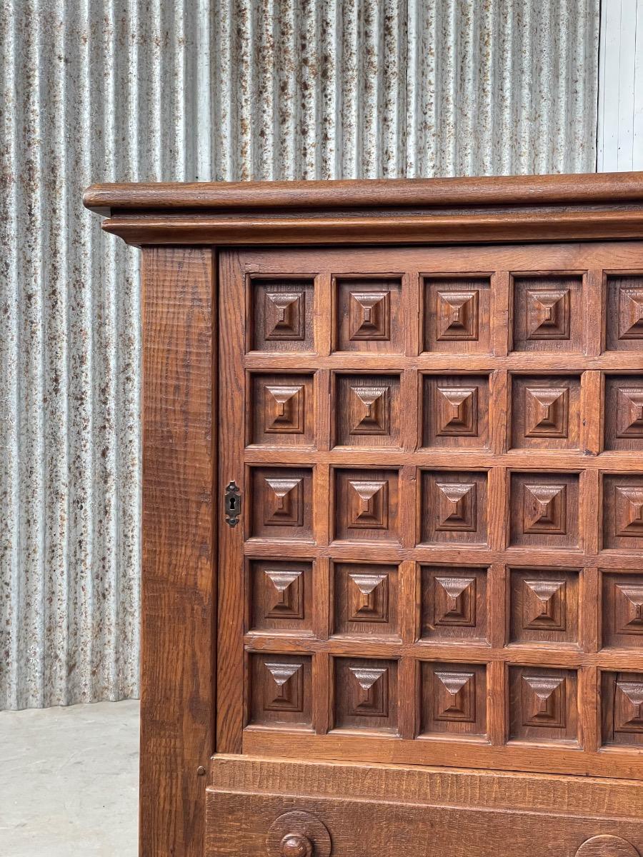 Brutalist French Carved Oak Cabinet, 1960s
