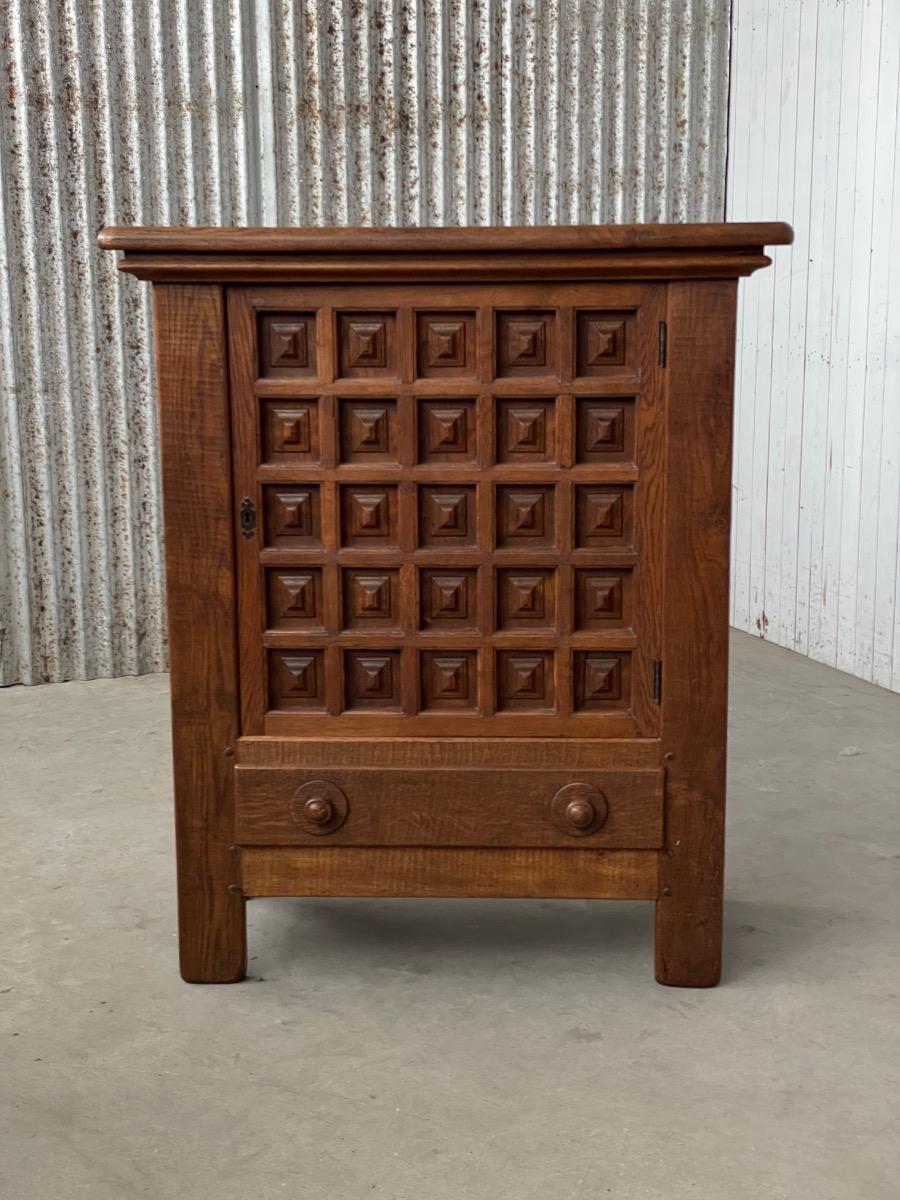Brutalist French Carved Oak Cabinet, 1960s