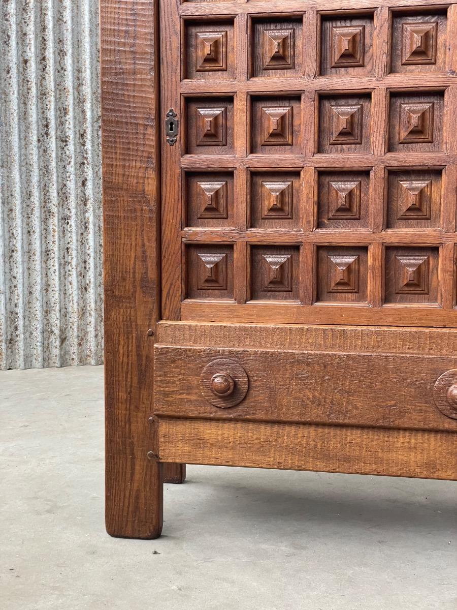 Brutalist French Carved Oak Cabinet, 1960s