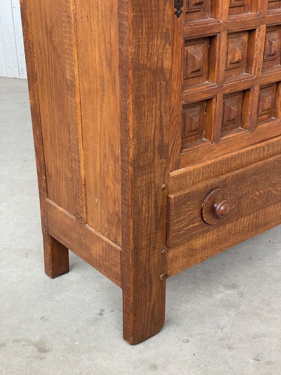 Brutalist French Carved Oak Cabinet, 1960s