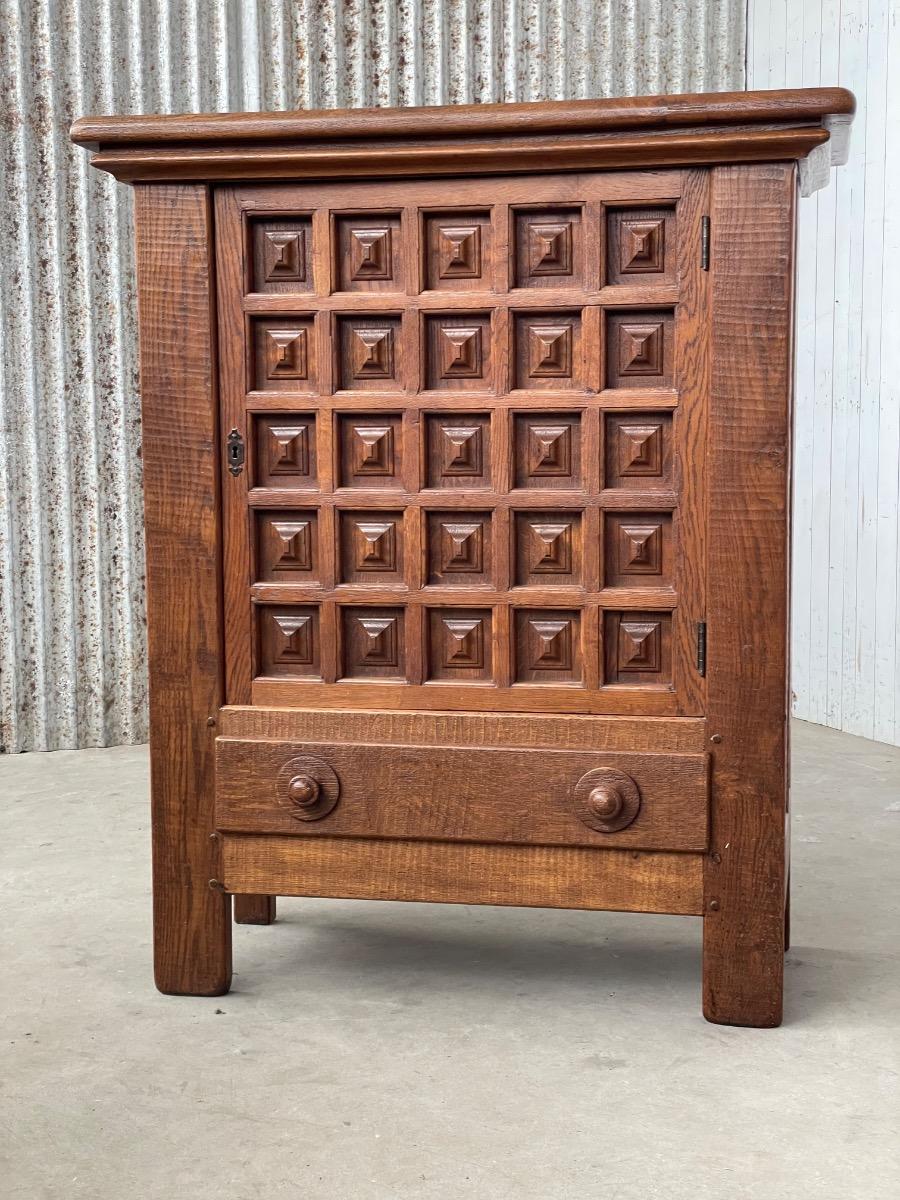 Brutalist French Carved Oak Cabinet, 1960s
