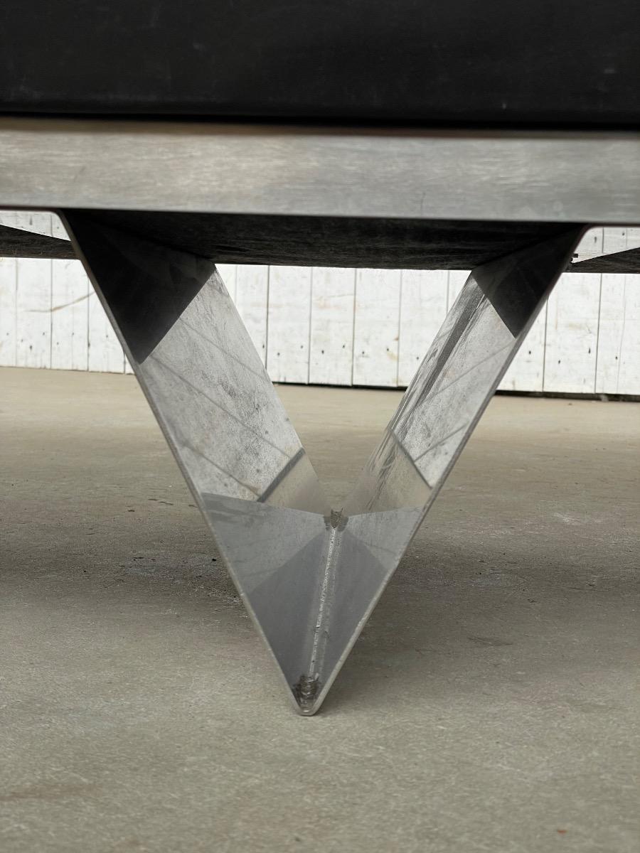 France design sofa in stainless steel and thick black leather, 1970s