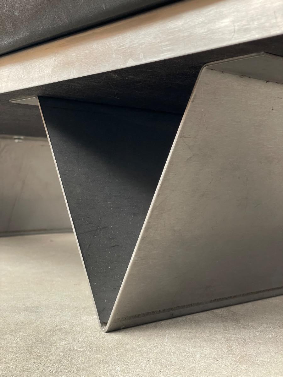 France design sofa in stainless steel and thick black leather, 1970s