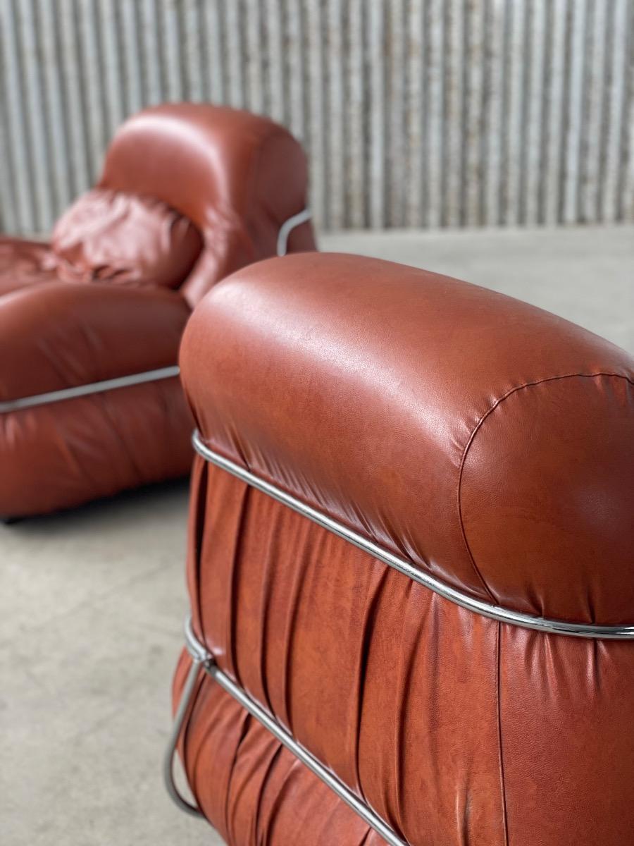 Italian Design Lounge Chairs in Cognac Aniline Leather 1970s