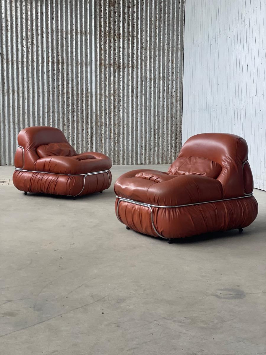 Italian Design Lounge Chairs in Cognac Aniline Leather 1970s