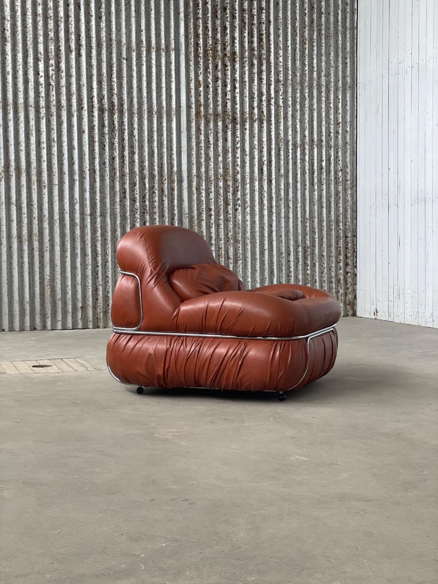 Italian Design Lounge Chairs in Cognac Aniline Leather 1970s
