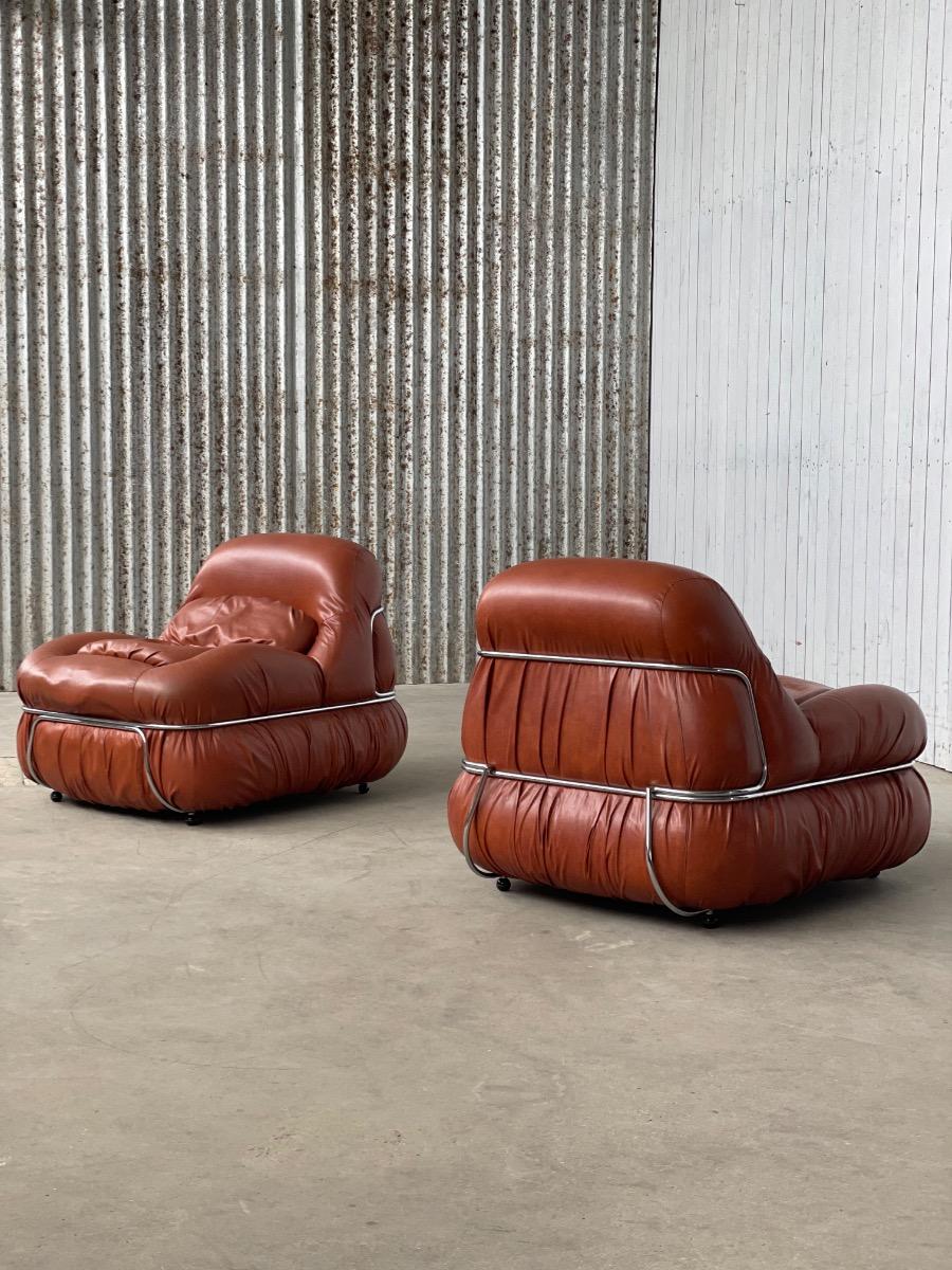 Italian Design Lounge Chairs in Cognac Aniline Leather 1970s