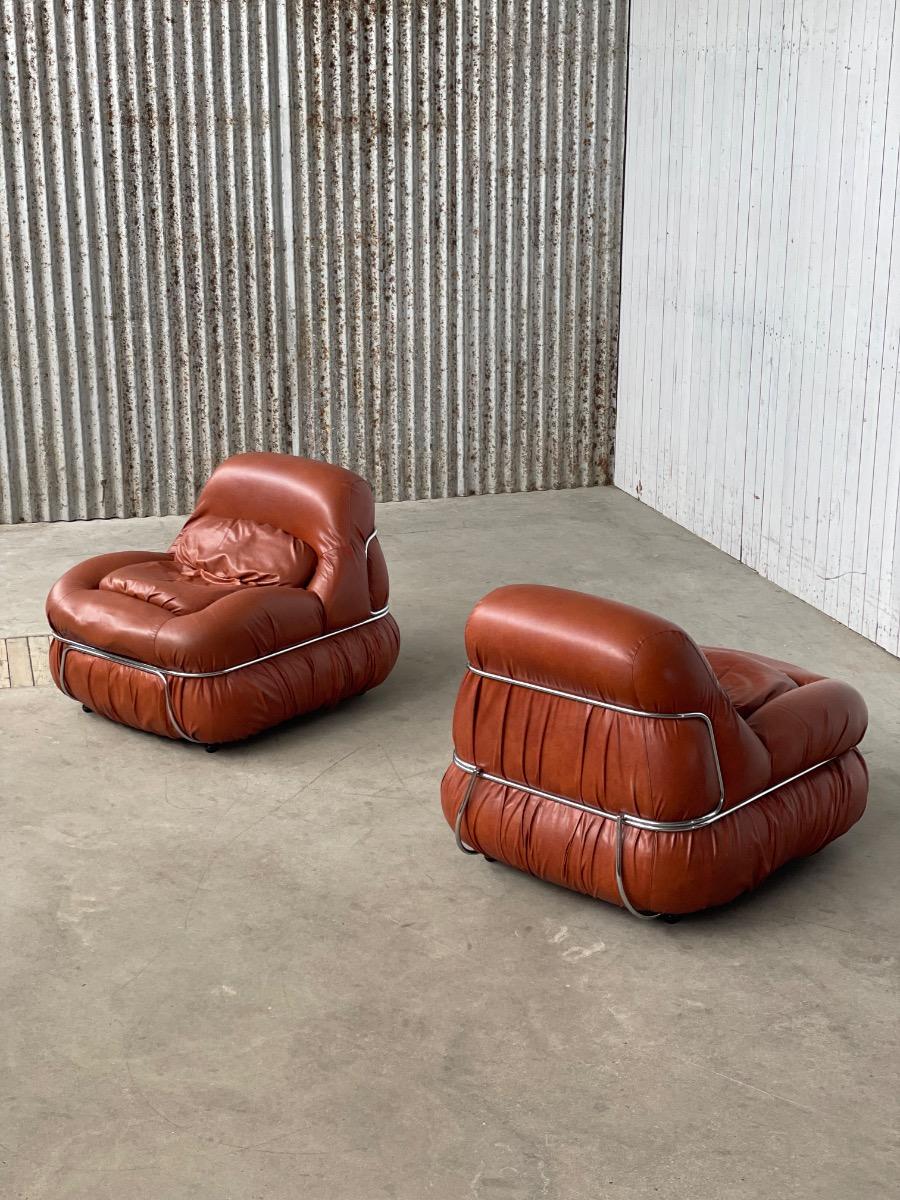 Italian Design Lounge Chairs in Cognac Aniline Leather 1970s