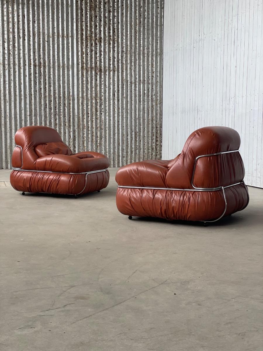 Italian Design Lounge Chairs in Cognac Aniline Leather 1970s