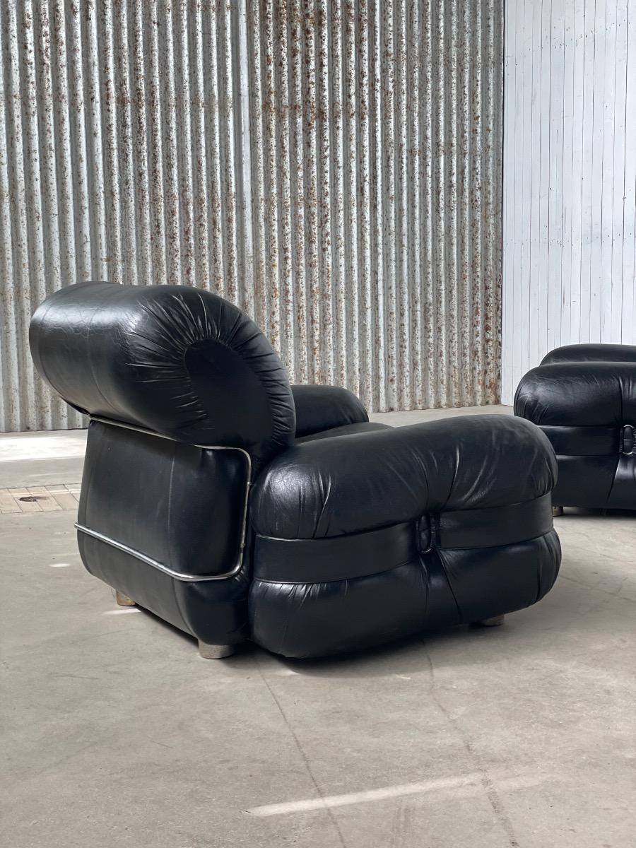 Italian Lounge Chairs by Adriano Piazzesi in Black Leather, 1970s