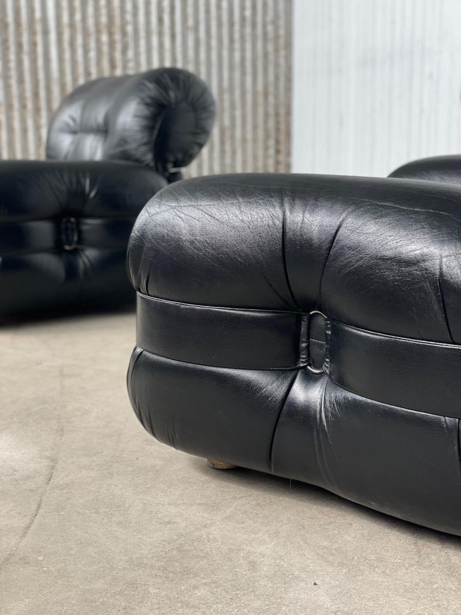 Italian Lounge Chairs by Adriano Piazzesi in Black Leather, 1970s