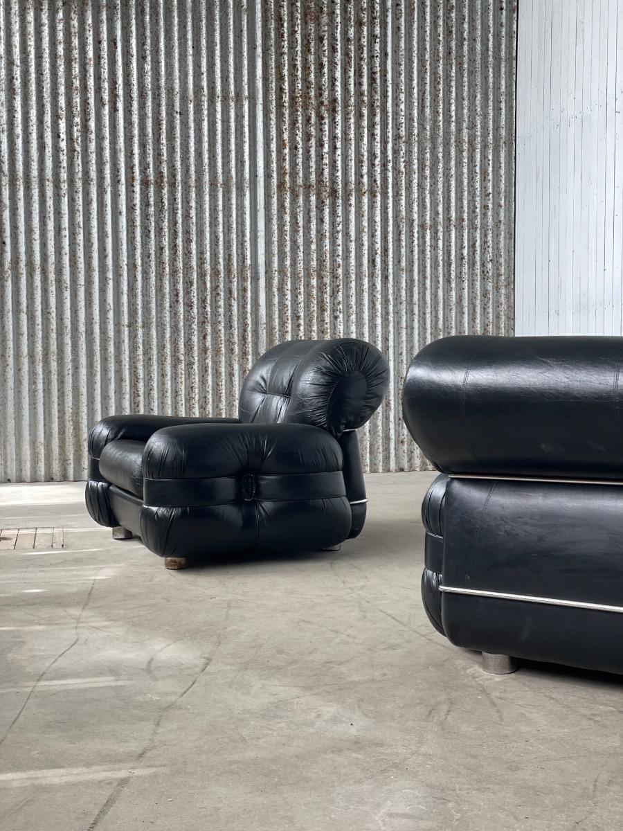 Italian Lounge Chairs by Adriano Piazzesi in Black Leather, 1970s