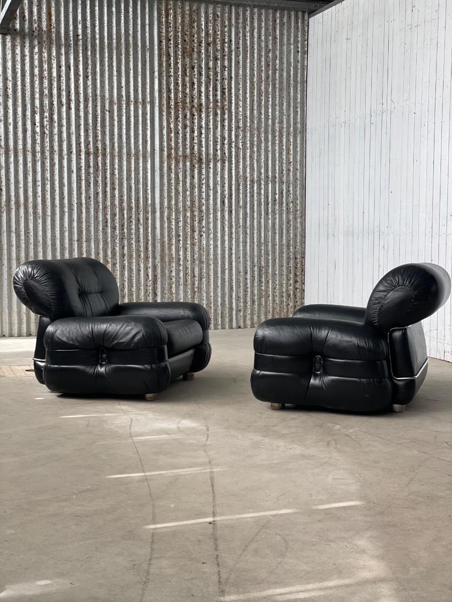 Italian Lounge Chairs by Adriano Piazzesi in Black Leather, 1970s