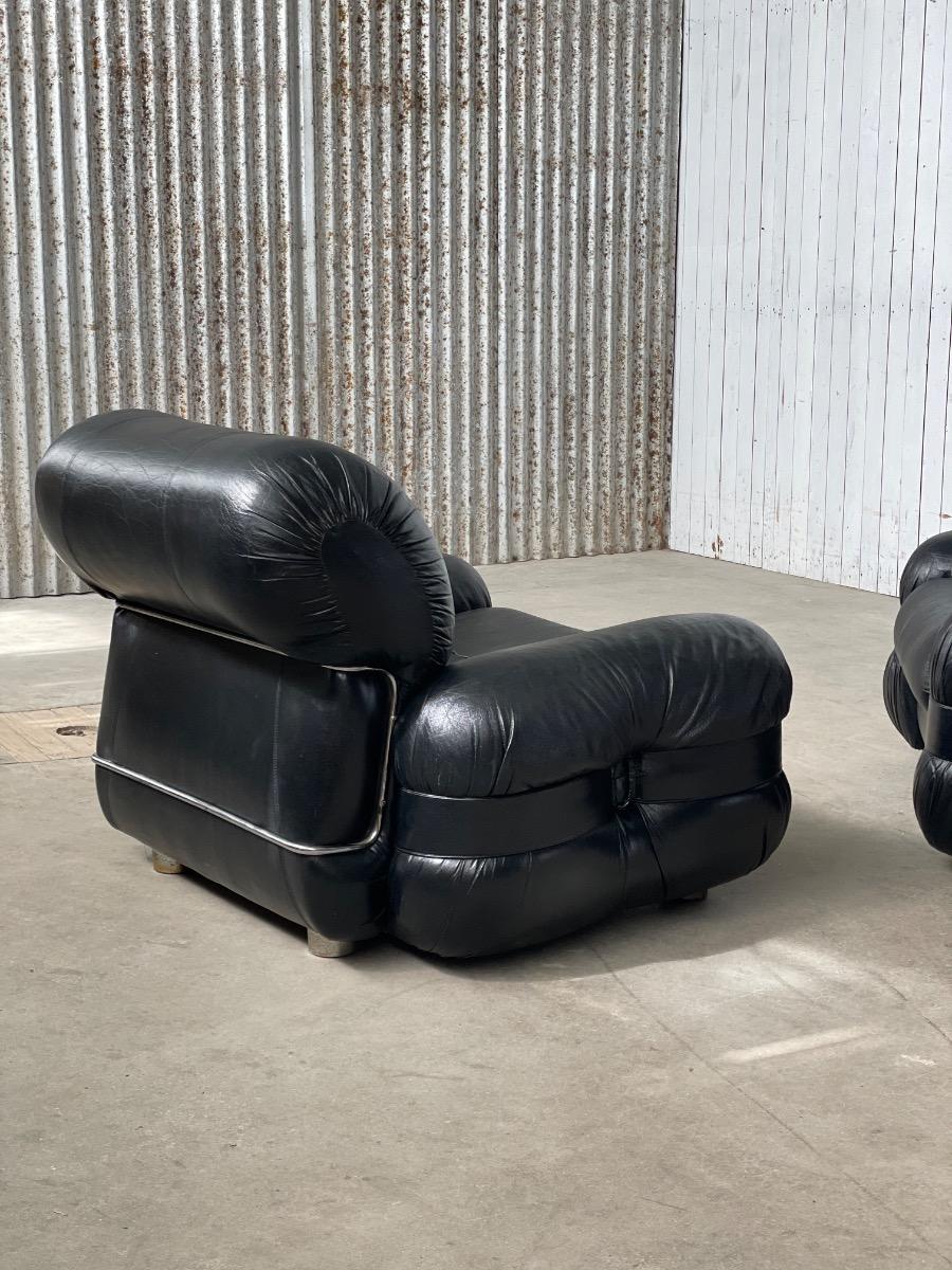 Italian Lounge Chairs by Adriano Piazzesi in Black Leather, 1970s