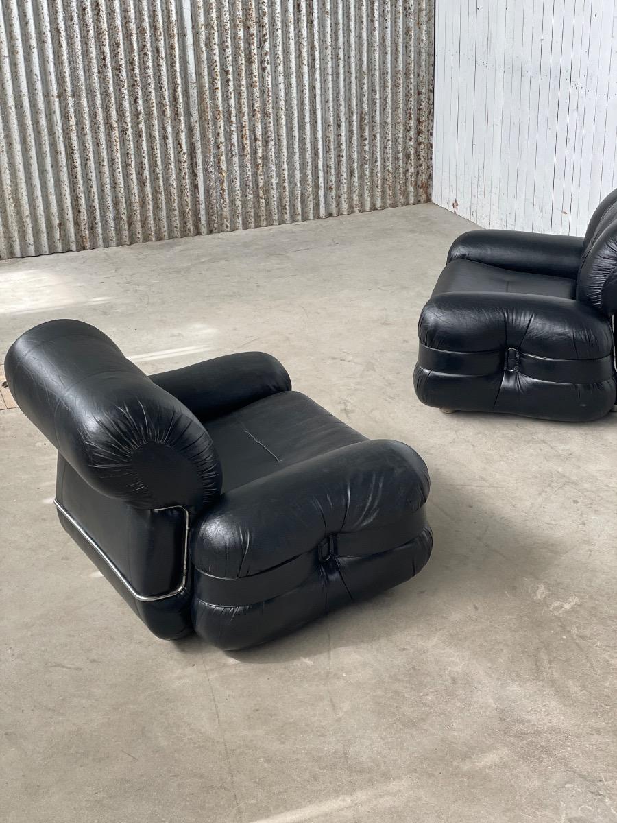 Italian Lounge Chairs by Adriano Piazzesi in Black Leather, 1970s