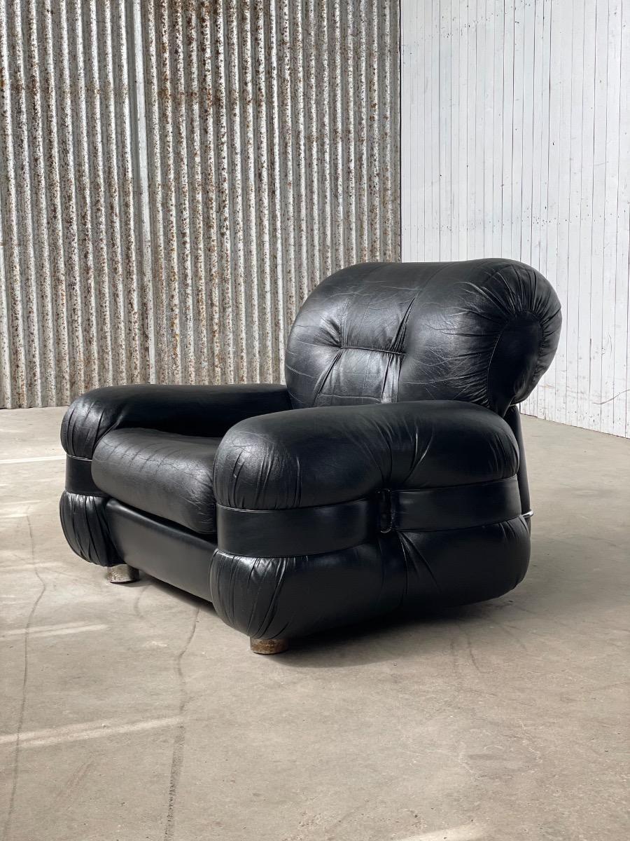 Italian Lounge Chairs by Adriano Piazzesi in Black Leather, 1970s