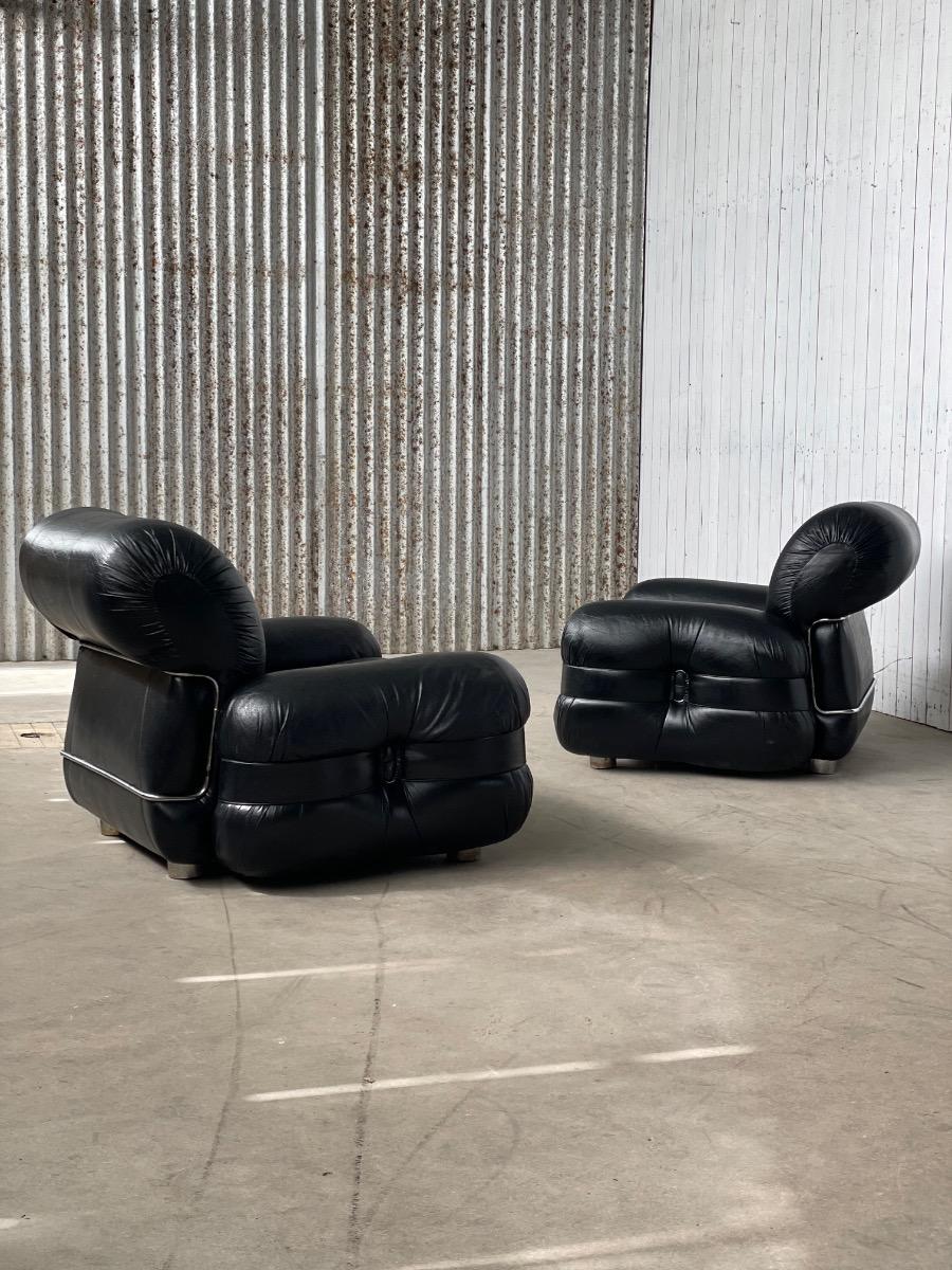 Italian Lounge Chairs by Adriano Piazzesi in Black Leather, 1970s
